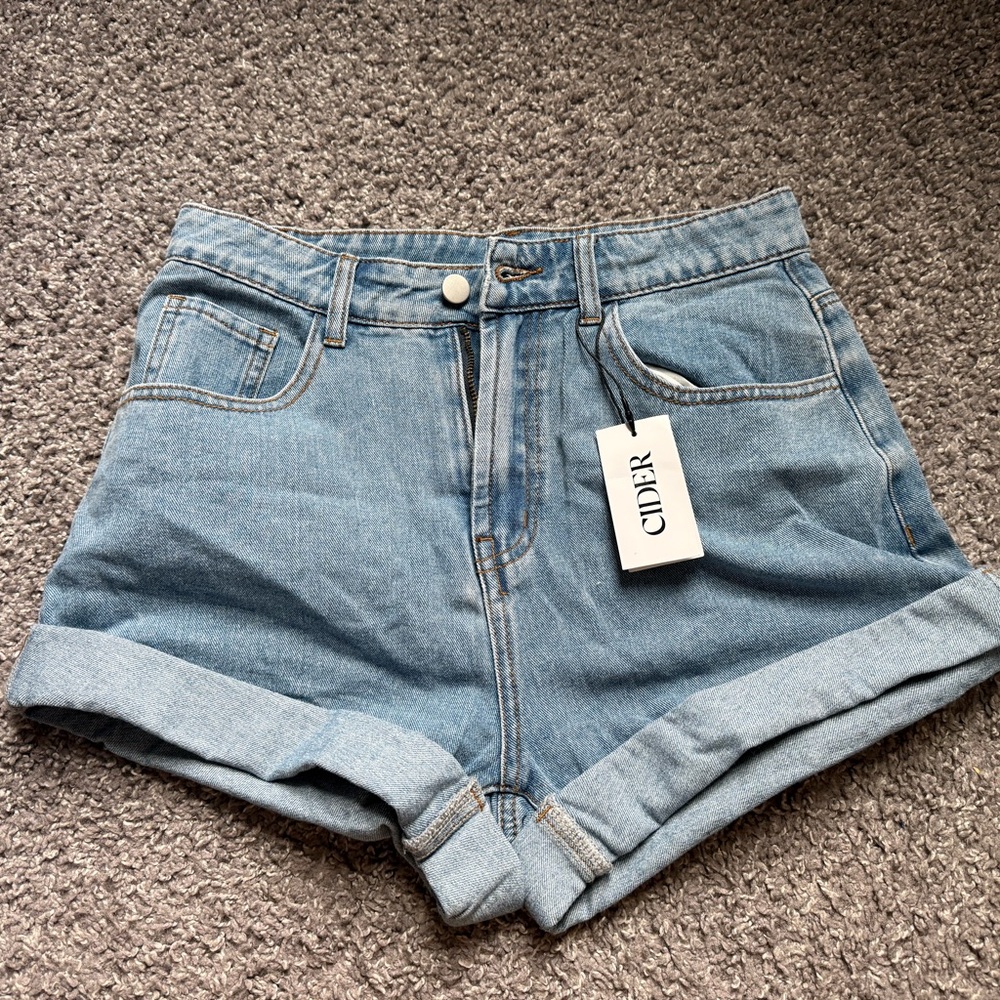 Cider Light Blue High-Rise Rolled Hem Denim Shorts